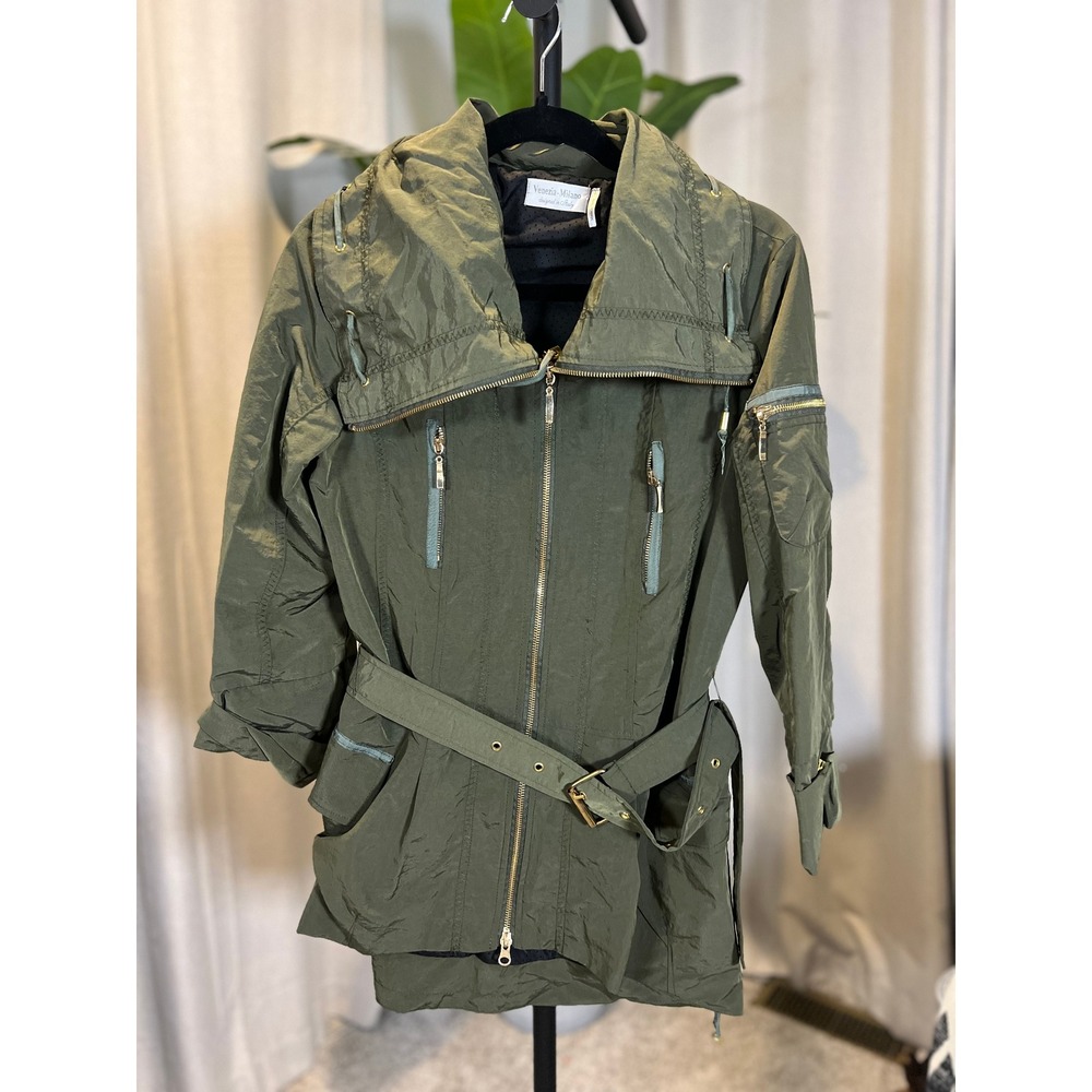 Venezia-Milano Olive Green Utility Jacket Belted Gold Zip Italian Design Medium